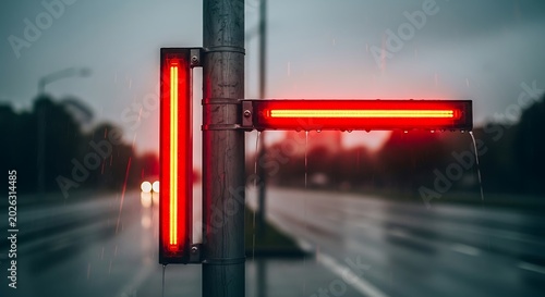 Illuminated post with red lights stands on a wet, rainy street
