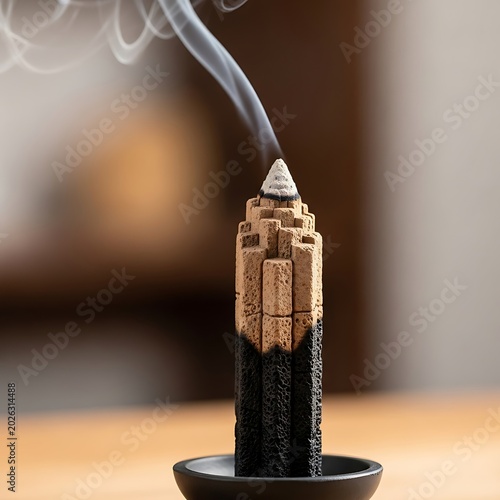Incense cone shaped like a pencil, emitting smoke, placed in a holder