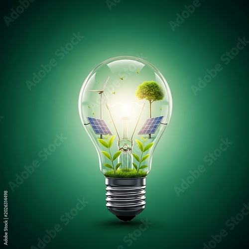 Lightbulb contains green energy elements like solar panels, wind turbines, and trees