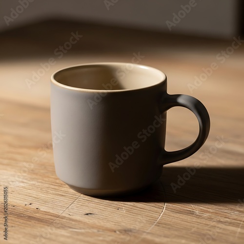 Simple ceramic mug with matte gray exterior and beige interior on wood