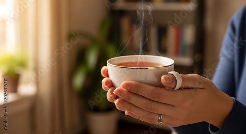 Steaming cup of tea warming hands in cozy atmosphere