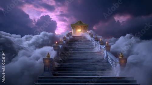 Dramatic Staircase Leading to Majestic Temple Surrounded by Ethereal Clouds and Stunning Sky Colors