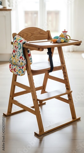 Wooden child's high chair with toys and bib ready for mealtime