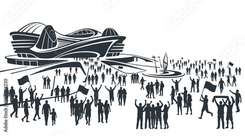 Stylized silhouette illustration of a modern stadium with a cheering crowd.