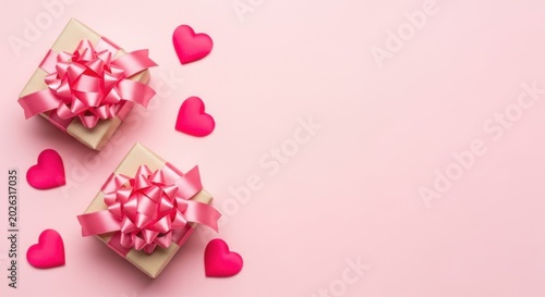 Two gift boxes with pink bows and hearts on pink background