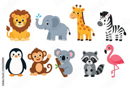 Photography Colorful cartoon wild animals group.