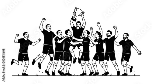 Cuadro en lienzo A group of soccer players celebrating a championship victory with a trophy
