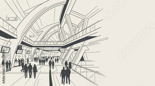 Tableau sur toile Architectural sketch of a modern bustling terminal interior with people