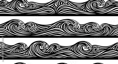 Stylized black and white wavy ocean crests forming a repeating border pattern