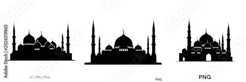 Foto Set and collection of black silhouette of a mosque isolated on white background