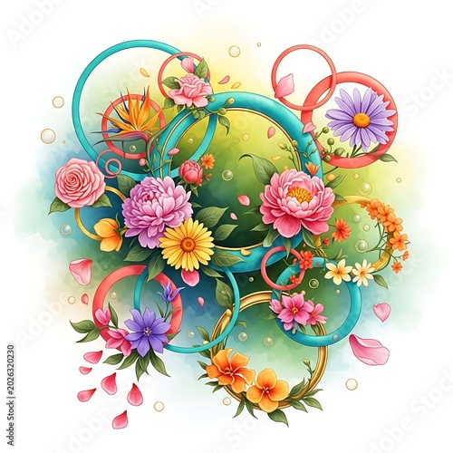 Vibrant floral arrangement with intertwining rings and soft watercolor backdrop
