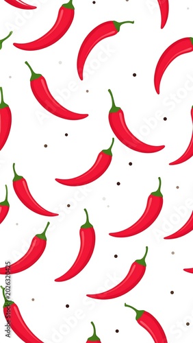 Vibrant red chili peppers scattered with peppercorns