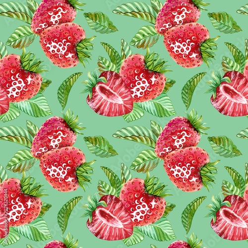 An attractive, elegant seamless pattern with red strawberries and a green leaf. Juicy, ripe berries create a beautiful endless pattern for fabric or food packaging. Hand drawn watercolor illustration