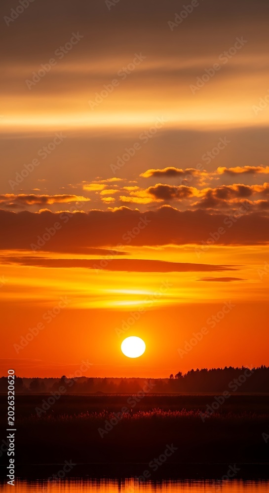 Obraz premium Vivid sunrise paints sky with orange, gold hues over hazy horizon