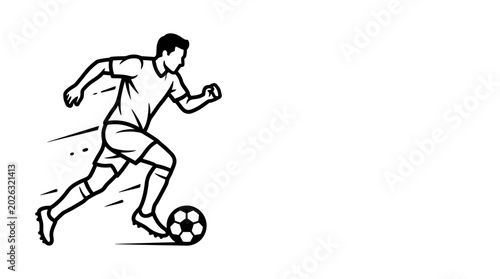 Foto Black and white line art illustration of a soccer player dribbling a ball