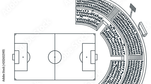 Fotografia Black and white line art illustration of a soccer field with adjacent stadium seating