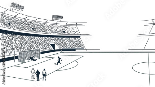 Black and white line art illustration of a soccer match scene.