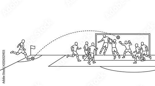 Konstfotografi Black and white line art illustration of a soccer player taking a corner kick with teammates and opponents in the penalty box