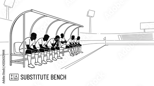 Schilderij op canvas Black and white line art illustration of a soccer substitute bench with players sitting