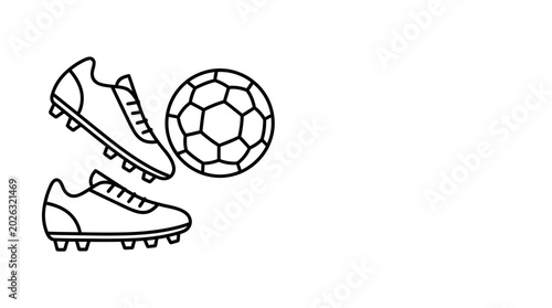 Black and white line art illustration of soccer cleats and a ball.