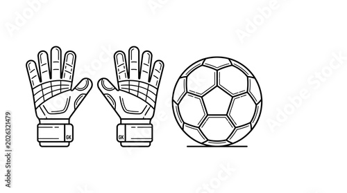 Cuadro en lienzo Black and white line art illustration of soccer goalkeeper gloves and a soccer ball