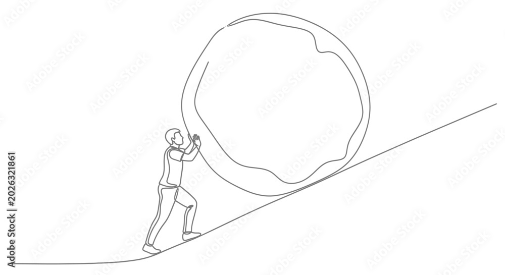 Fototapeta premium Man Pushing Large Rock Uphill - Continuous Line Art
