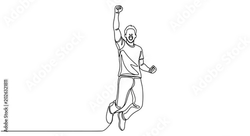 Bilde på lerret Joyful man jumping in the air with fist raised, single line drawing, celebration