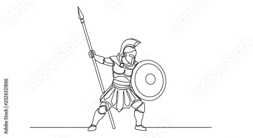 Fotografía Spartan Warrior Line Art: Soldier with Spear and Shield, Ancient Greece, Minimal
