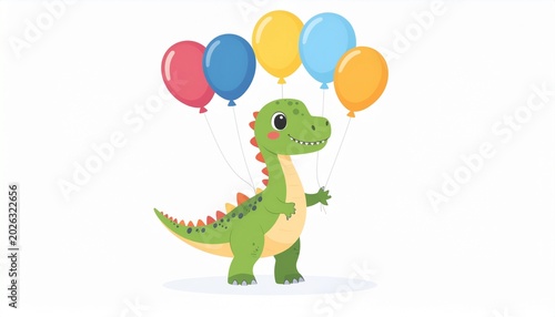 A cheerful green dinosaur holds colorful balloons in a joyful scene.