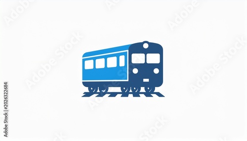 A blue train travels on railroad tracks in a stylized illustration.