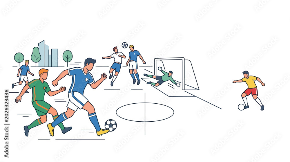 Fototapeta premium Dynamic soccer players in action on the field illustration.