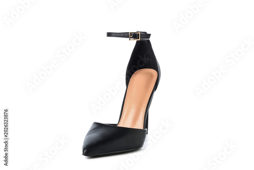 Foto Black women's ankle strap high heel pump isolated on white background, elegant p