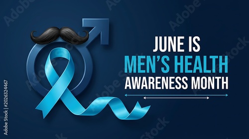 June is men's health awareness month blue ribbon male symbol mustache dark background.