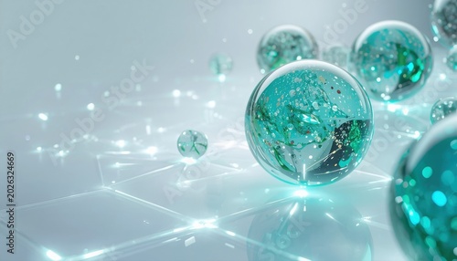 Transparent green and blue orbs with internal structure floating above a glowing digital network grid science and technology concept transparent technology futuristic structure innovation