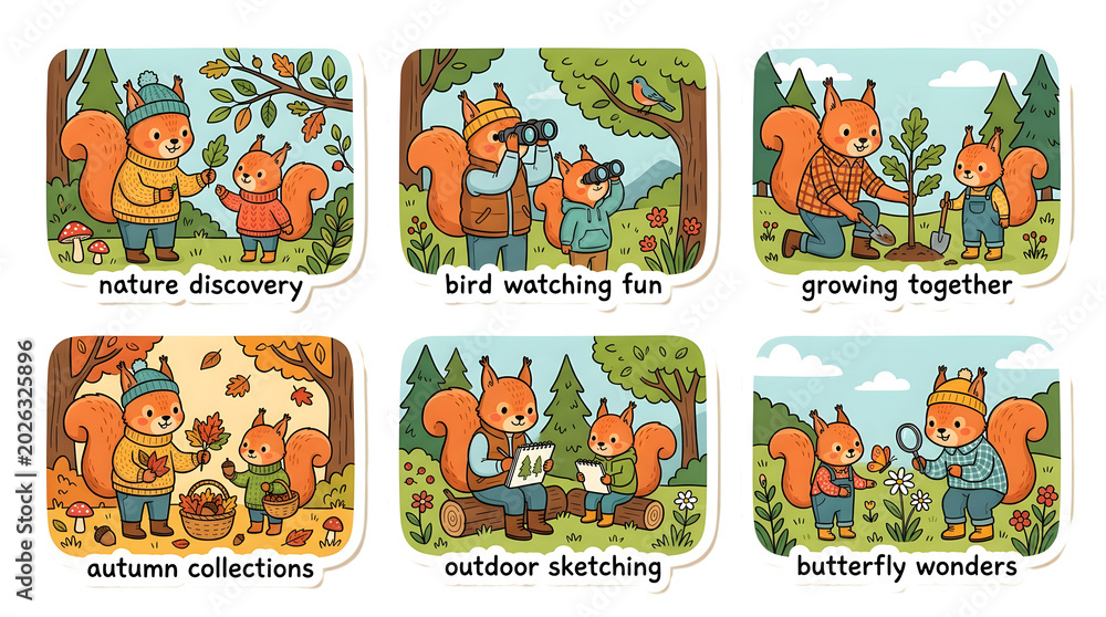 Naklejka premium Adorable cartoon squirrels engaging in various outdoor activities like nature discovery, bird watching, and planting, perfect for educational and family-themed content