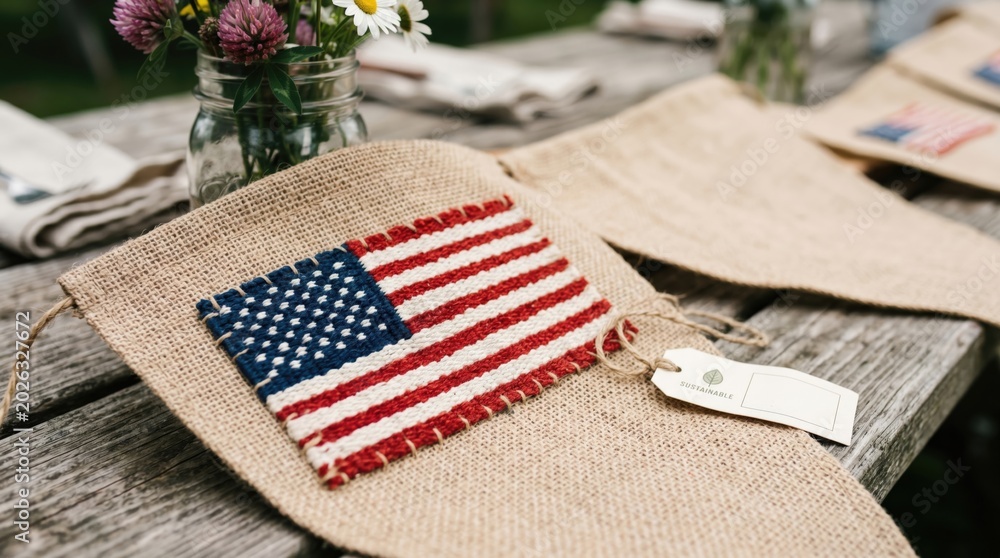 Obraz premium Rustic Burlap American Flag Banner Decoration for Patriotic Independence Day Party Table Setting or Outdoor Summer Celebration Decor