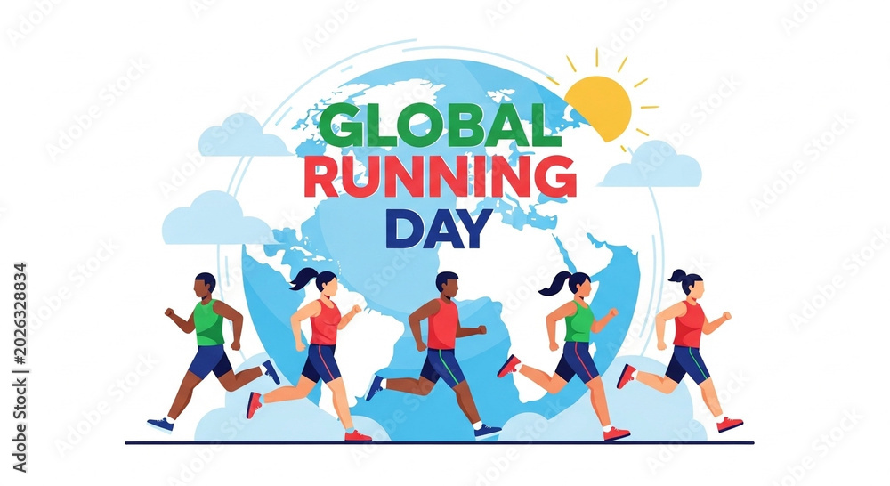 Naklejka premium Diverse group of athletes running together during global running day flat design illustration with vibrant colors dynamic motion and a globe background symbolizing unity and fitness