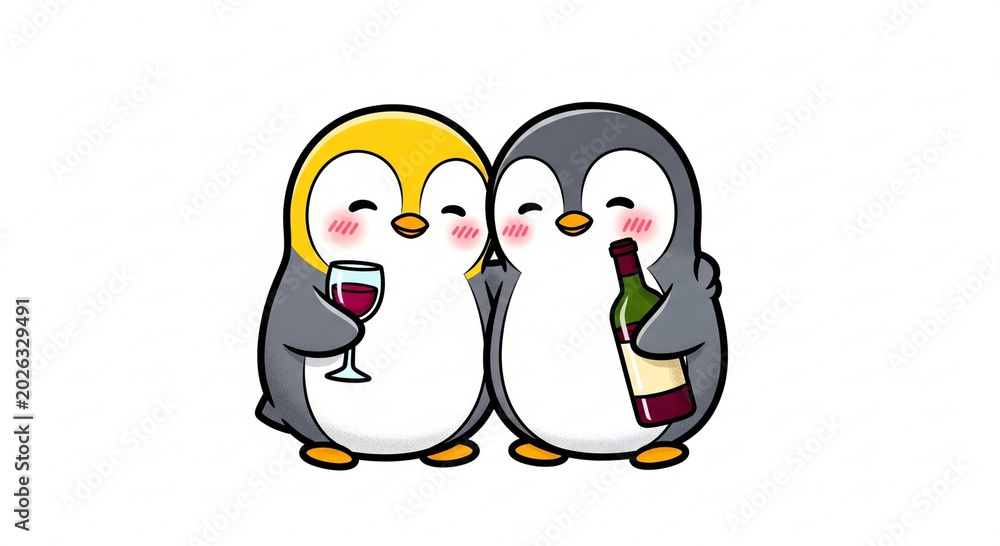 Fototapeta premium Two cute penguins friends celebrating with wine on national best friends day