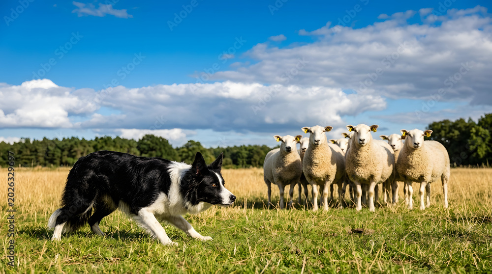 Fototapeta premium Border collie herding woolly sheep in sunny farm field