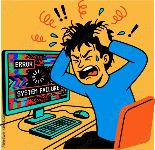 Frustrated man pulling hair in front of computer with system failure error message.