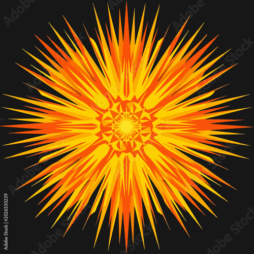 Vibrant yellow and orange geometric starburst mandala illustration on dark background.
