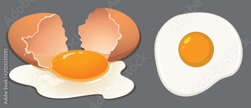 Tableau sur toile A Cracked Egg and a Fried Egg: A vibrant image showcasing a broken raw egg with its yolk and white spilling out, next to a perfectly cooked fried egg