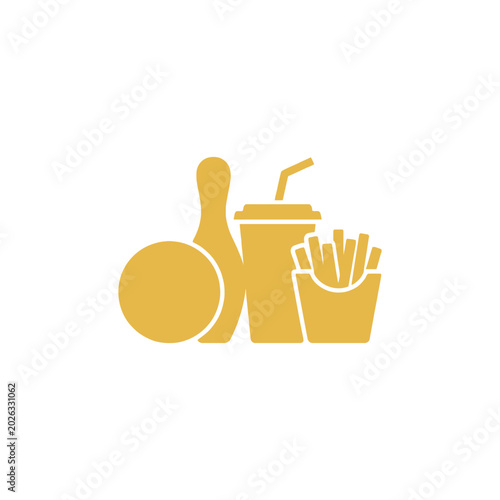 Fotografie Fast food meal featuring a bowling pin next to a soda cup and fries represents the popular combination of recreational sports and casual dining in modern entertainment centers