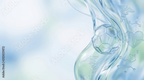 Sports medicine and health concept with glass soccer ball and medical symbols like caduceus and heart rate monitor on abstract blue background for fitness therapy