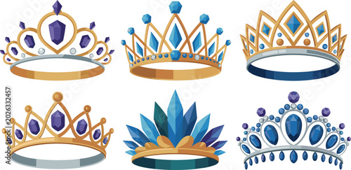Tableau sur toile Set of Crown and Tiara Vector Illustrations Including Gold and Gemstone Crowns,