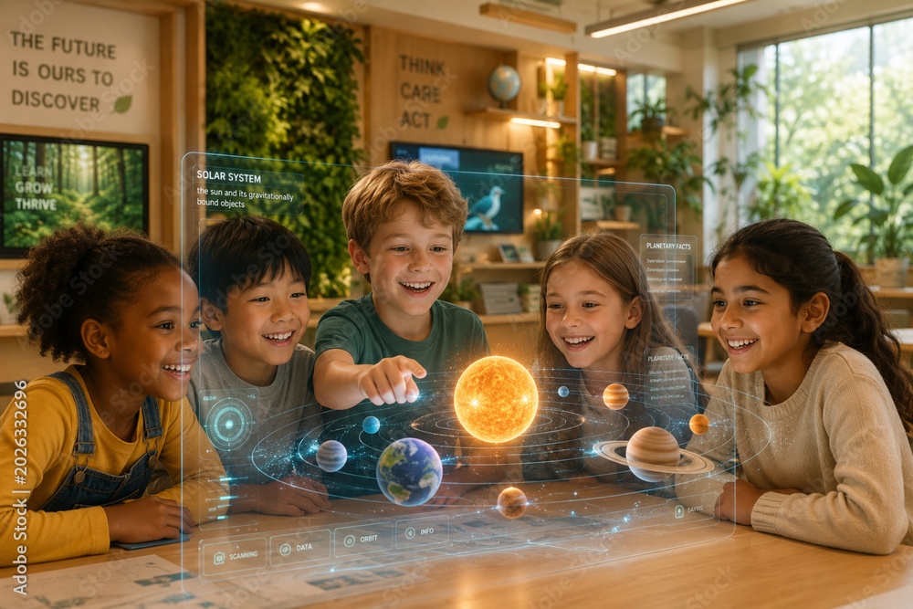Fototapeta premium Diverse Group of Children Learning Astronomy with Futuristic Holographic Solar System in Classroom