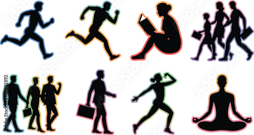 Schilderij op canvas Set of Human Silhouette Vector Illustrations Including Running, Walking, Reading