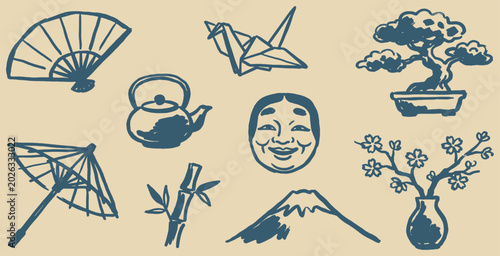 Collection of Japanese cultural icons and symbols in vector format.