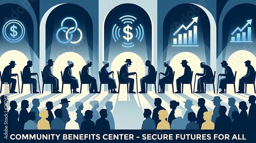 Community benefits center illustration featuring diverse people sitting in a meeting with financial and growth icons above them, symbolizing secure futures for all