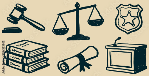 Εκτύπωση καμβά Law and justice themed vector illustration with gavel, scales, and books